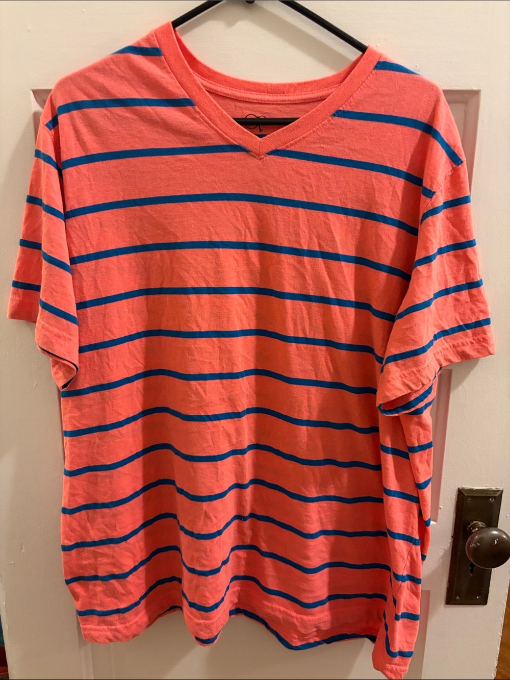 VTG OP Men's Coral V-Neck Tee with Blue Stripes